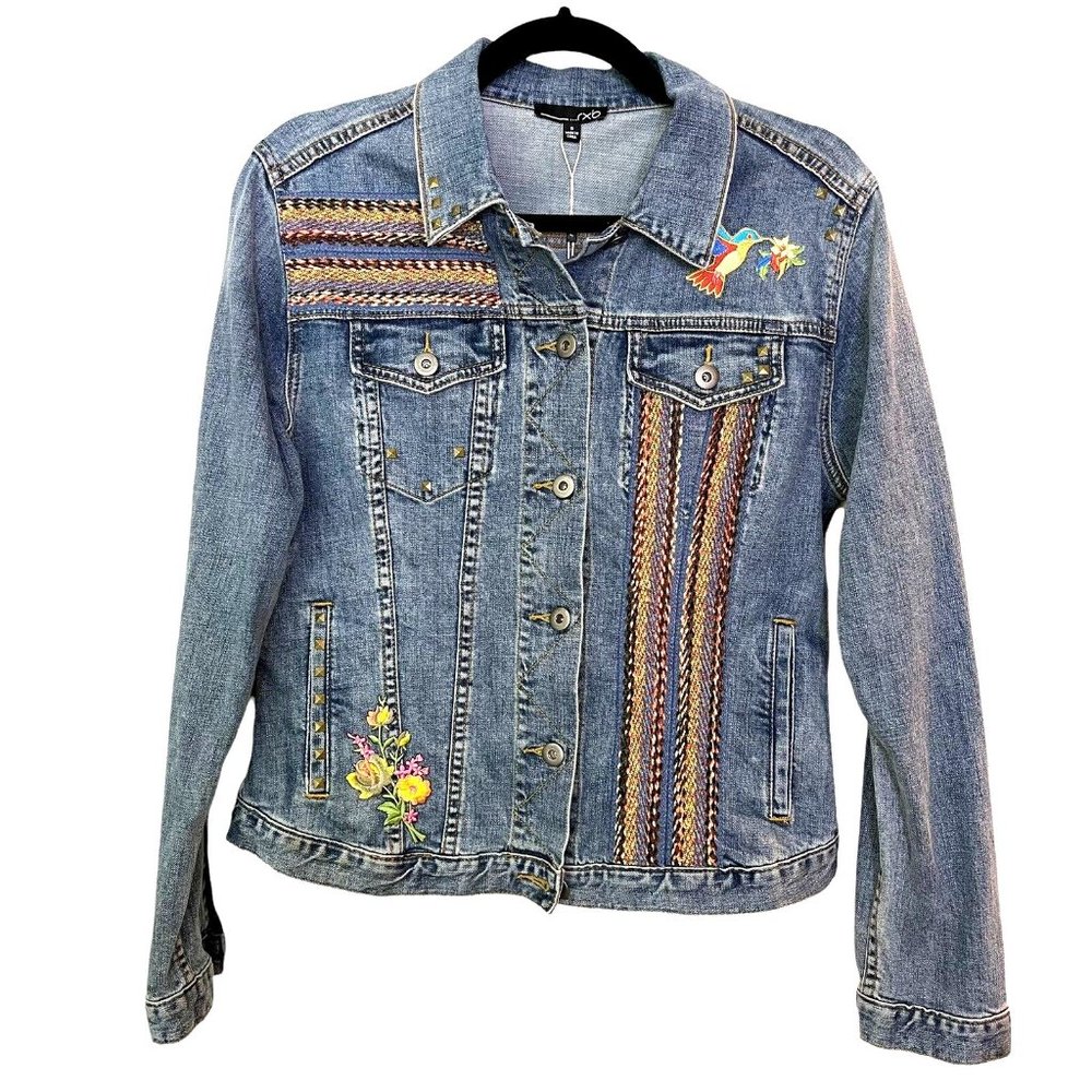 RXB Womens S Embroidered Floral Hummingbird Denim Shirt Jacket Pockets NWT